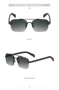 Detail view of rimless aviator sunglasses with wood grain temples and gray green lenses