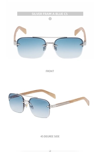 Detail of rimless sunglasses featuring blue gradient lenses and wood grain temples