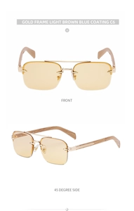 Detail view of gold rimless sunglasses with wood grain temples and blue coated lenses