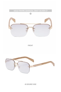 Front and 45-degree side view of rimless sunglasses with gold bridge and wood grain temples