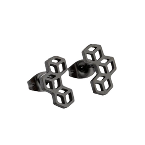 3D geometric hollow black stainless steel hexagon stud earrings on a white background