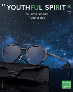 Macro view of futuristic steampunk sunglasses with blue lenses on a leather case
