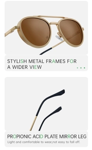 Detail view of steampunk aviator sunglasses with gold frames and propionic acid temples