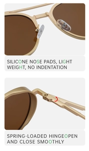 Detail of adjustable silicone nose pads and smooth spring-loaded hinge for sunglasses