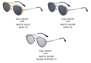 Detail of three retro steampunk sunglasses with metal round frames and double bridge