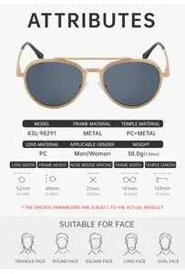 Detailed size chart for retro pilot sunglasses with metal frame and PC lens dimensions