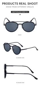 Three perspectives of matte black steampunk sunglasses with metal frames and gray lenses
