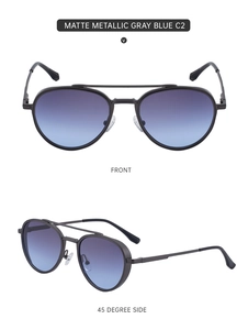 Close-up of matte gray metal aviator frame with gradient blue-purple lenses