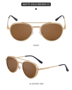 Front and 45 degree side view of matte gold aviator sunglasses with brown lenses
