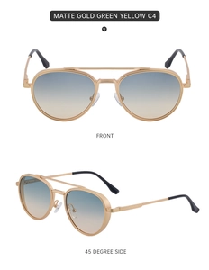 Detail view of steampunk matte gold metal frames with green yellow gradient lenses