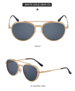 Detail view of matte gold pilot sunglasses with gray lenses from two angles