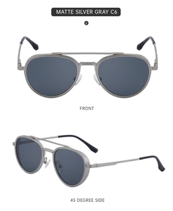 Front and side view of matte silver gray steampunk pilot sunglasses for men