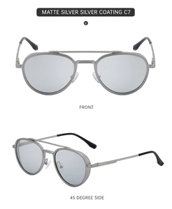 Macro view of matte silver steampunk sunglasses with double bridge and silver lenses