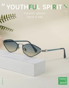 Detail of futuristic polygon sunglasses with gradient lenses and textured hinge accents