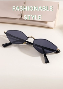 Detail view of model 98297 geometric cat eye sunglasses with golden metal hinges