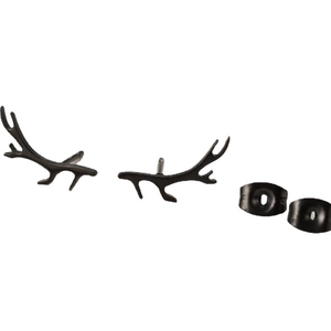 Minimalist black antler stud earrings in stainless steel with butterfly backs