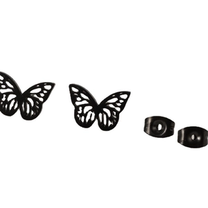 Minimalist black stainless steel butterfly stud earrings with hollow wings on white background