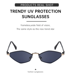 Detail of black geometric sunglasses featuring gold metal frame and UV protection lens