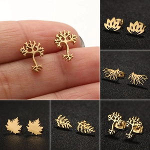 Tree Of Life Maple Leaf Lotus Stainless Steel Stud Earrings For Women Nature Inspired Minimalist Geometric Jewelry