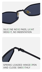 Detail of comfortable silicone nose pads and durable spring hinges on black sunglasses
