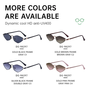Polygonal sunglasses detail showing four colors with UV400 and HD protection lenses