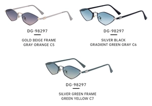 Detailed view of DG-98297 polygon sunglasses in various frame colors and lens tints