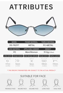 Detailed size chart for polygon metal frame sunglasses including lens and frame dimensions