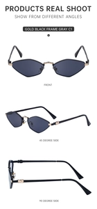 Three-angle views of geometric polygon sunglasses with gold and black metal frames