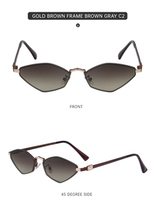 Detail view of gold brown geometric sunglasses with gradient lenses from front and side angles