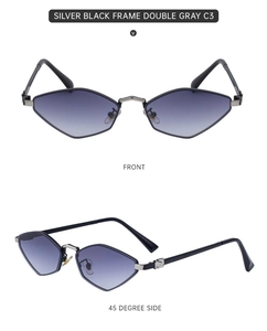Front and 45-degree side view of geometric silver black sunglasses with gray lenses