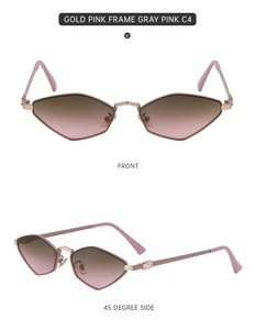 Detail of gold pink hexagonal metal frame sunglasses with gray pink gradient lenses