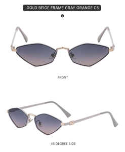 Detailed front and side views of polygon sunglasses in gold beige with gradient lenses