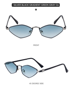 Detailed front and side view of silver polygon sunglasses with gradient green gray lenses