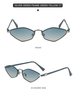 Front and side views of silver-green polygonal metal sunglasses with gradient lenses
