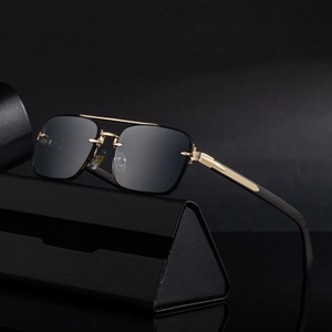 2025 Vintage rimless sunglasses for men with wood grain temples and gold metal accents