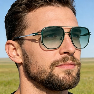 Fashionable men's metal double-bridge sunglasses with green frames and gradient lenses
