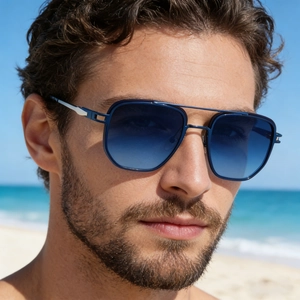 Close-up of men's square gradient blue sunglasses with stylish double-bridge metal frame