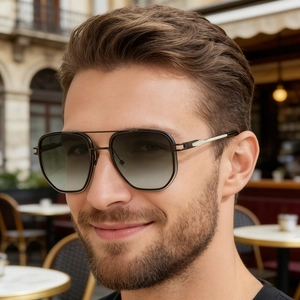 Men's square aviator sunglasses with gradient grey lenses and sleek metal double bridge