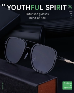 Detail of square rimless sunglasses with dual bridge and gold metal accents on black leather