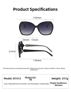 Detailliertes Diagramm der quadratischen Polarisations-Sonnenbrille mit Rahmenmaßen und Daten