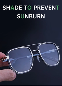 Close-up of square metal frame sunglasses featuring double bridge and blue lenses