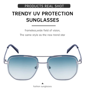 Detail of silver metal square frame sunglasses with blue-green gradient UV protection lenses