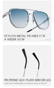 Detailed view of square metal sunglasses with blue gradient lenses and black temple tips