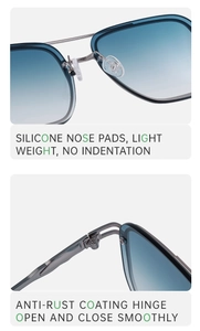 Detail of soft silicone nose pads and rust-proof metal hinges on fashion square sunglasses