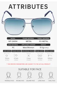 Detailed size chart for square metal sunglasses showing lens width and frame dimensions
