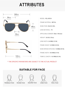 Spécifications techniques et schéma des dimensions pour lunettes de soleil aviateur carrées