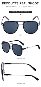 Three-view shots of square rimless sunglasses with gold-black metal frame details