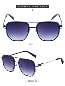 Detailed front and side view of gold-black metal pilot sunglasses with gradient gray lenses