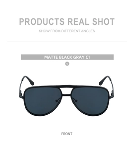 Vue avant macro de lunettes aviateur avec monture en métal noir mat et verres gris