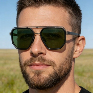 Close-up of polarized sunglasses with dark green hexagonal lenses and double bridge frame